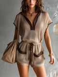 Chic Casual Beige- Brown Colorblock Zipper-Up Stand-Collar Batwing -Sleeve Elastic-Waist Loose-Fit Mesh Knit Romper