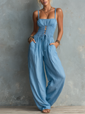 Chic Elegant Blue Spaghetti-Strap Cutout Tie Detail Sleeveless Smocked Cotton-Linen Blend Wide-Leg Jumpsuit