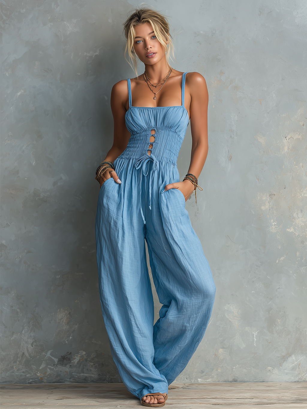Chic Elegant Blue Spaghetti-Strap Cutout Tie Detail Sleeveless Smocked Cotton-Linen Blend Wide-Leg Jumpsuit