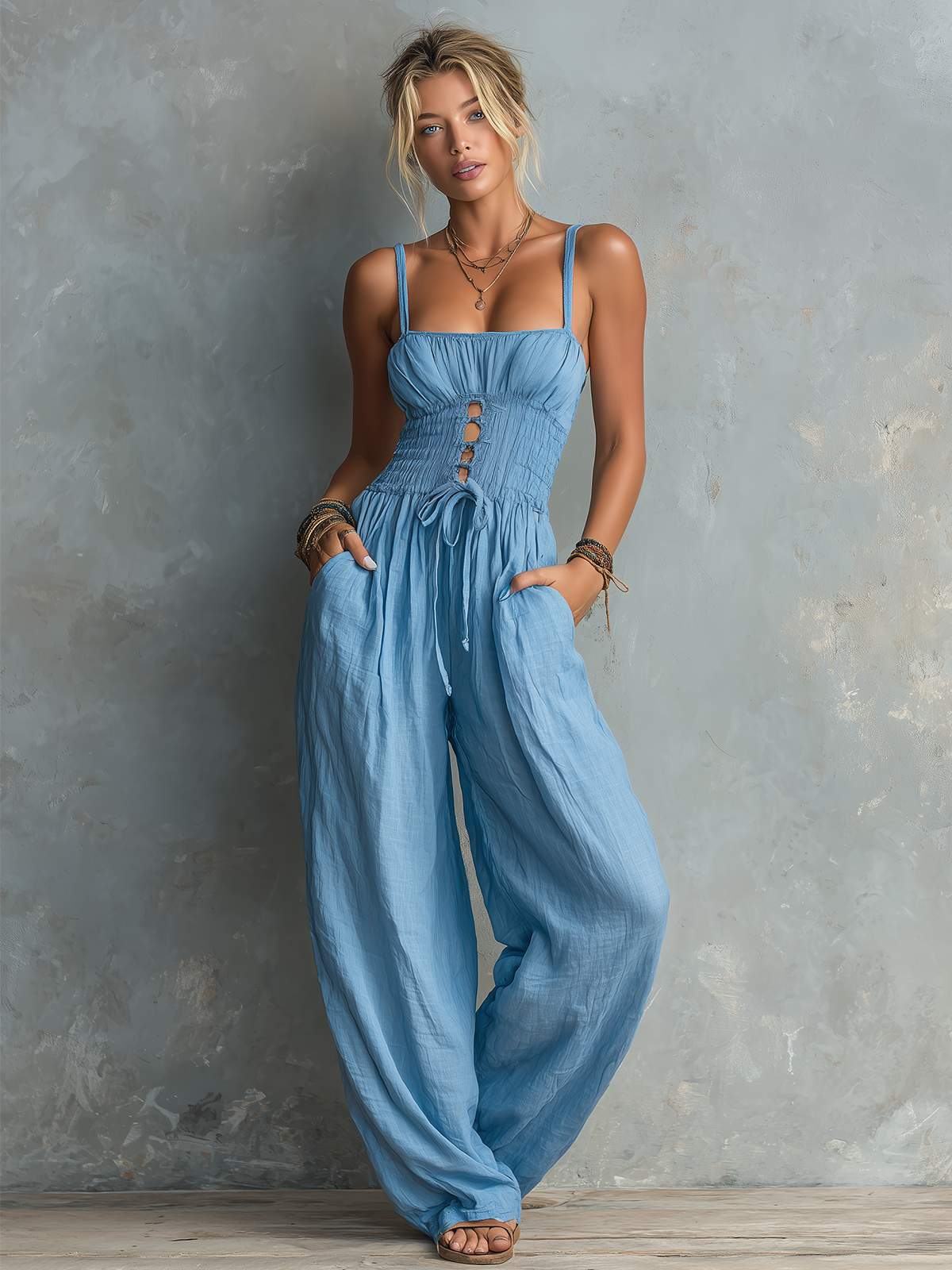 Chic Elegant Blue Spaghetti-Strap Cutout Tie Detail Sleeveless Smocked Cotton-Linen Blend Wide-Leg Jumpsuit
