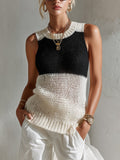 Chic Elegant Black-White Colorblock Round-Neck Sleeveless Loose-Fit Breathable Hollow Knit Vest Top