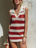 Chic Elegant Red-White Stripes Lapel V-Neck Sleeveless Loose-Fit Soft Knit Mini Dress