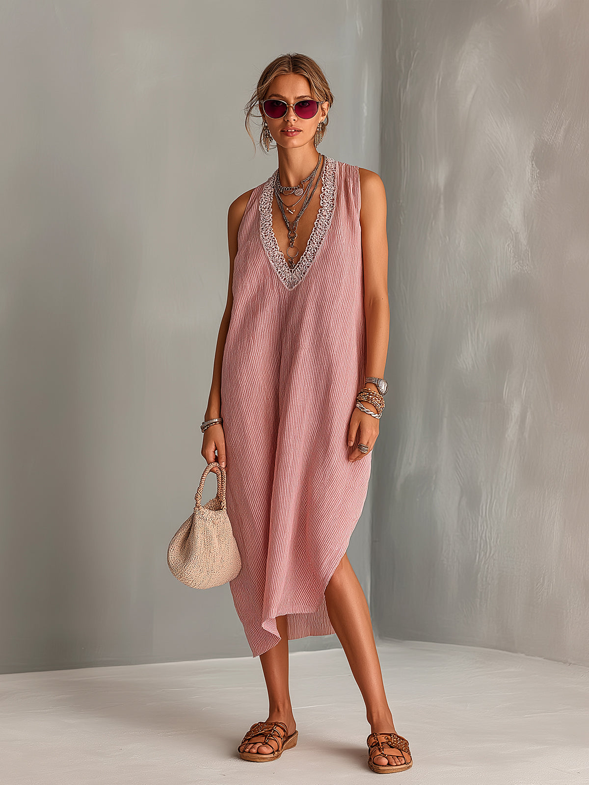 Chic Elegant Red-White Pinstripe Cotton-Linen Blend Deep V-Neck Sleeveless Lace Trim Detail Loose-Fit Midi Dress