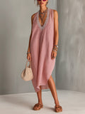Chic Elegant Red-White Pinstripe Cotton-Linen Blend Deep V-Neck Sleeveless Lace Trim Detail Loose-Fit Midi Dress