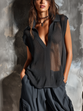 Chic Casual Charcoal  Lapel V-Neck Sleeveless Loose-Fit  Mesh Knit Vest Top