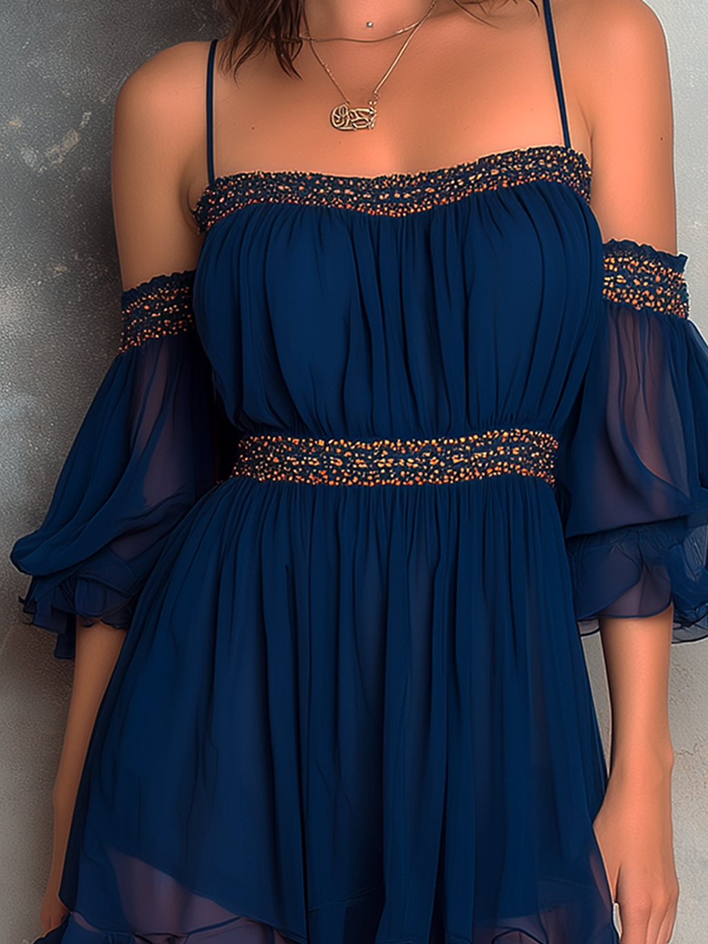Chic Elegant Navy Blue Off-Shoulder Bardot-Neck Ruffled Puff Mid-Sleeve Smocked A-Line Chiffon Fabric Mini Dress