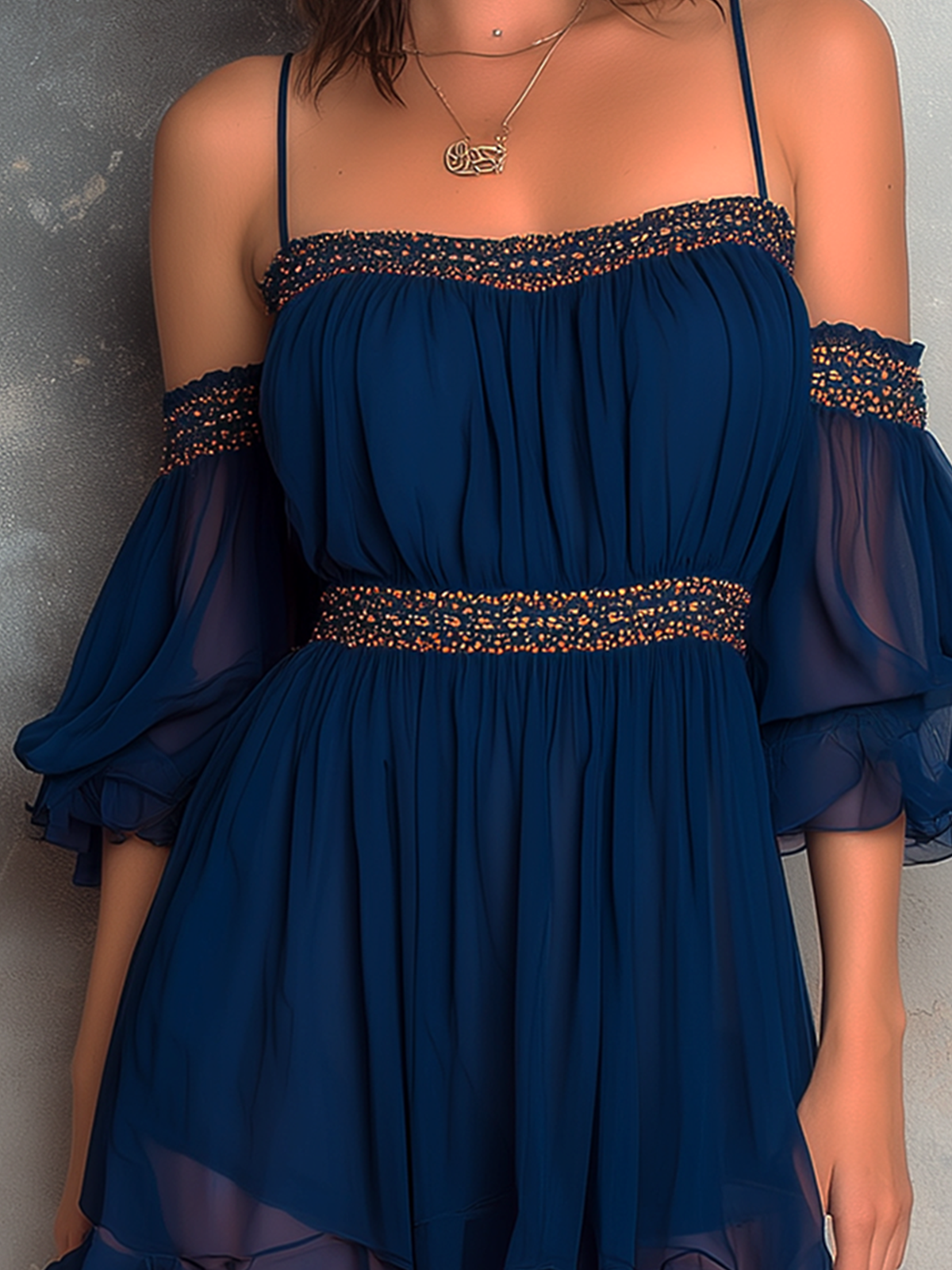 Chic Elegant Navy Blue Off-Shoulder Bardot-Neck Ruffled Puff Mid-Sleeve Smocked A-Line Chiffon Fabric Mini Dress