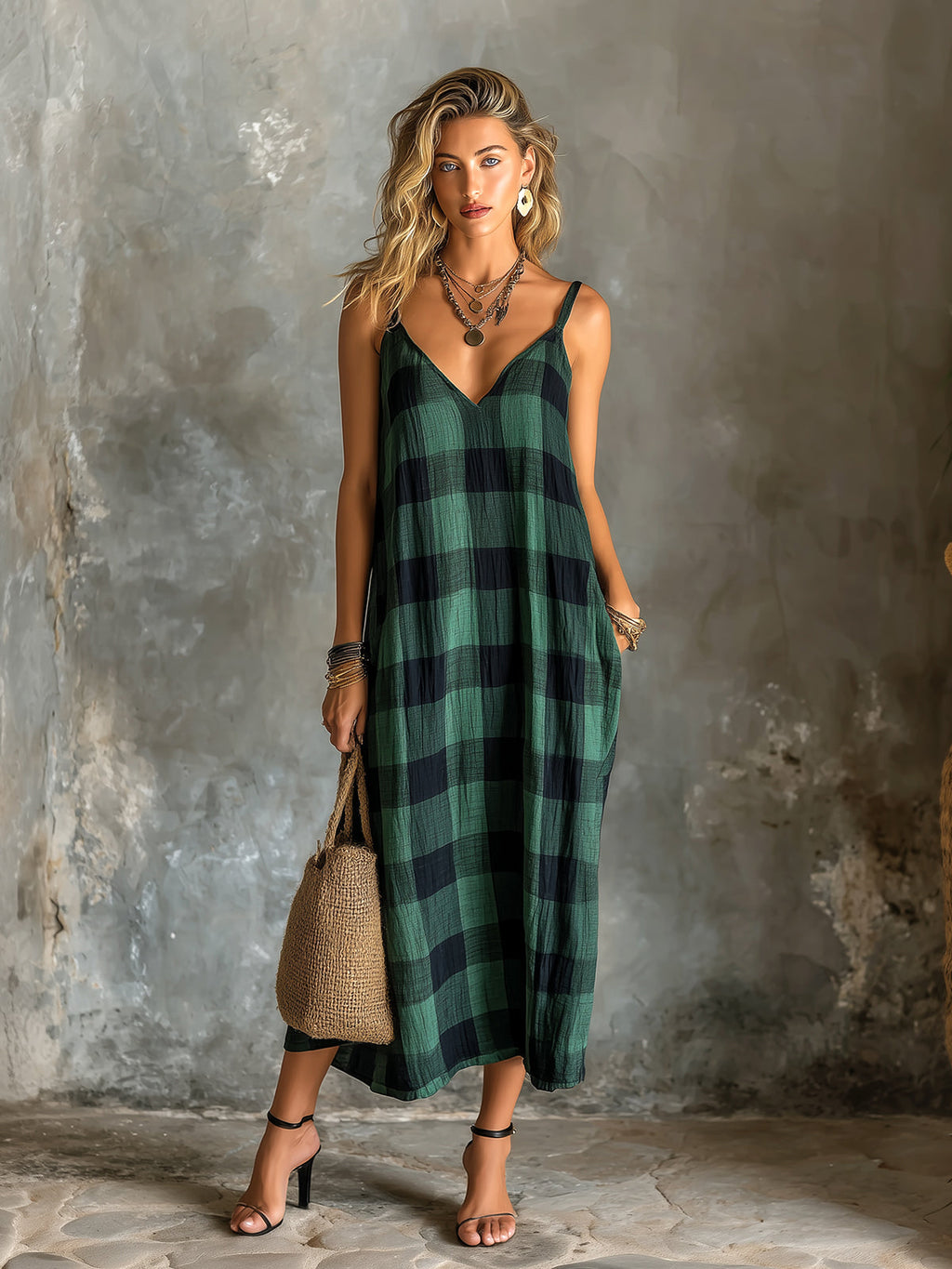 Chic Elegant Green-Black Plaids Cotton-Linen Blend Spaghetti-Strap V-Neck Sleeveless Oversize Midi Dress
