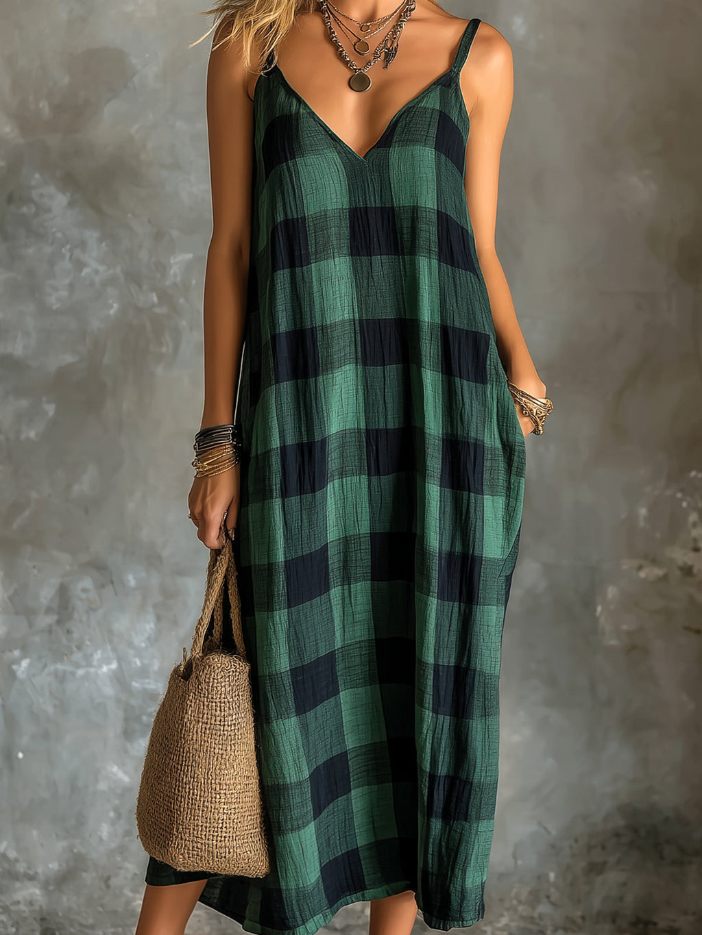 Chic Elegant Green-Black Plaids Cotton-Linen Blend Spaghetti-Strap V-Neck Sleeveless Oversize Midi Dress