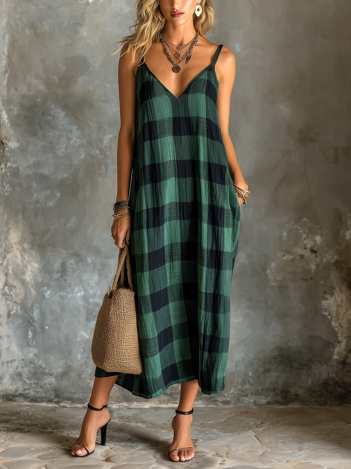 Chic Elegant Green-Black Plaids Cotton-Linen Blend Spaghetti-Strap V-Neck Sleeveless Oversize Midi Dress