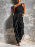 Chic Elegant Black Stripes One-Shoulder Sleeveless Button Detail Cinched Waist Cotton Blend Wide-Leg Jumpsuit