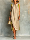 Chic Elegant Beige-Green Colorblock Cotton-Linen Blend Round-Neck Sleeveless Side-Slit Loose-Fit Midi Dress