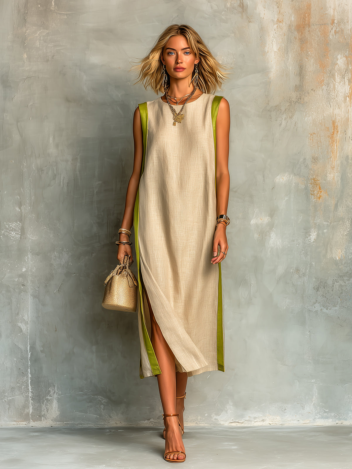 Chic Elegant Beige-Green Colorblock Cotton-Linen Blend Round-Neck Sleeveless Side-Slit Loose-Fit Midi Dress