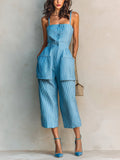 Chic Elegant Blue-White Pinstripe Cotton-Linen Spaghetti-Strap Square-Neck Sleeveless Button-Front Patch Pockets Cropped Jumpsuit