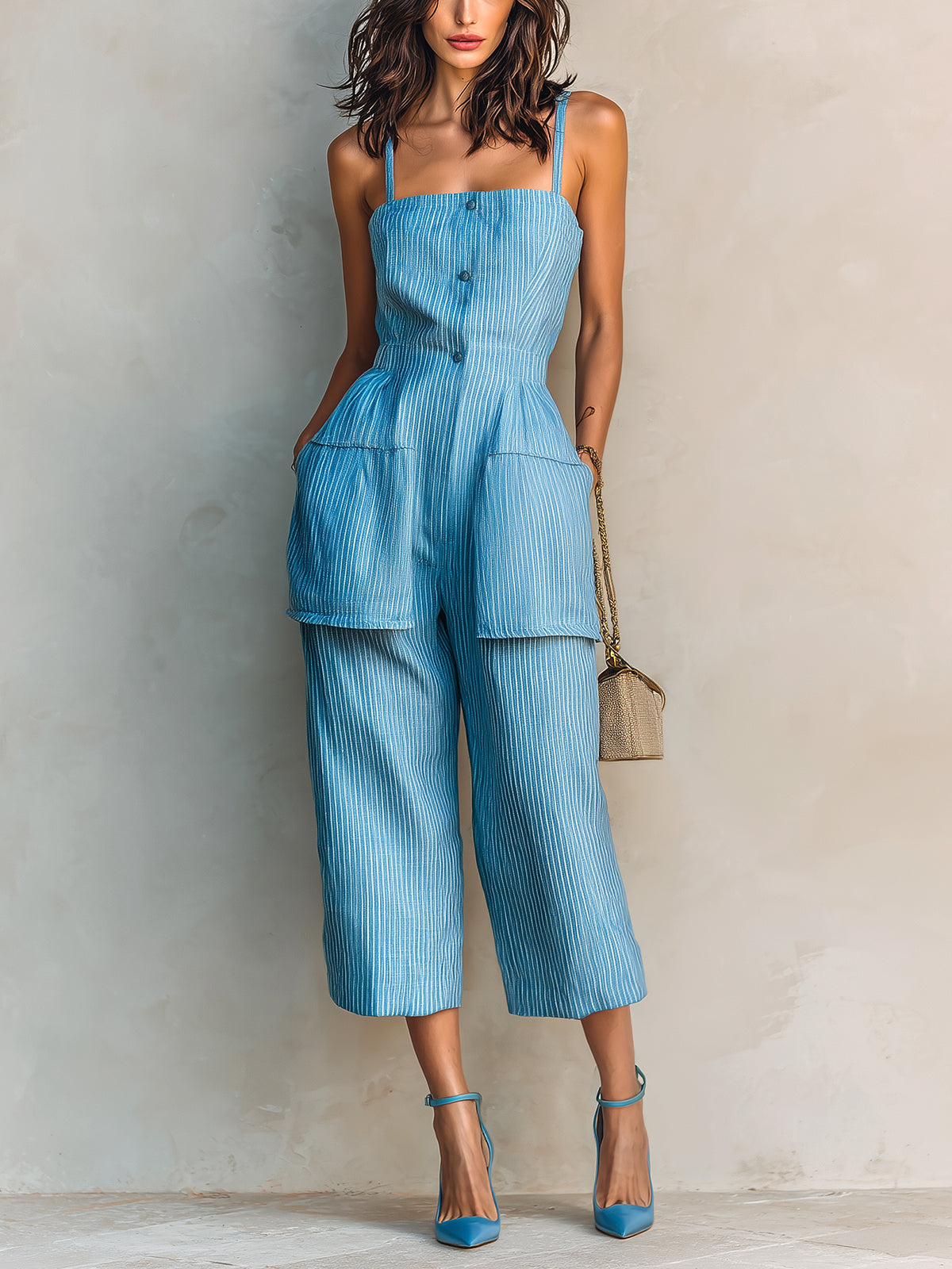 Chic Elegant Blue-White Pinstripe Cotton-Linen Spaghetti-Strap Square-Neck Sleeveless Button-Front Patch Pockets Cropped Jumpsuit