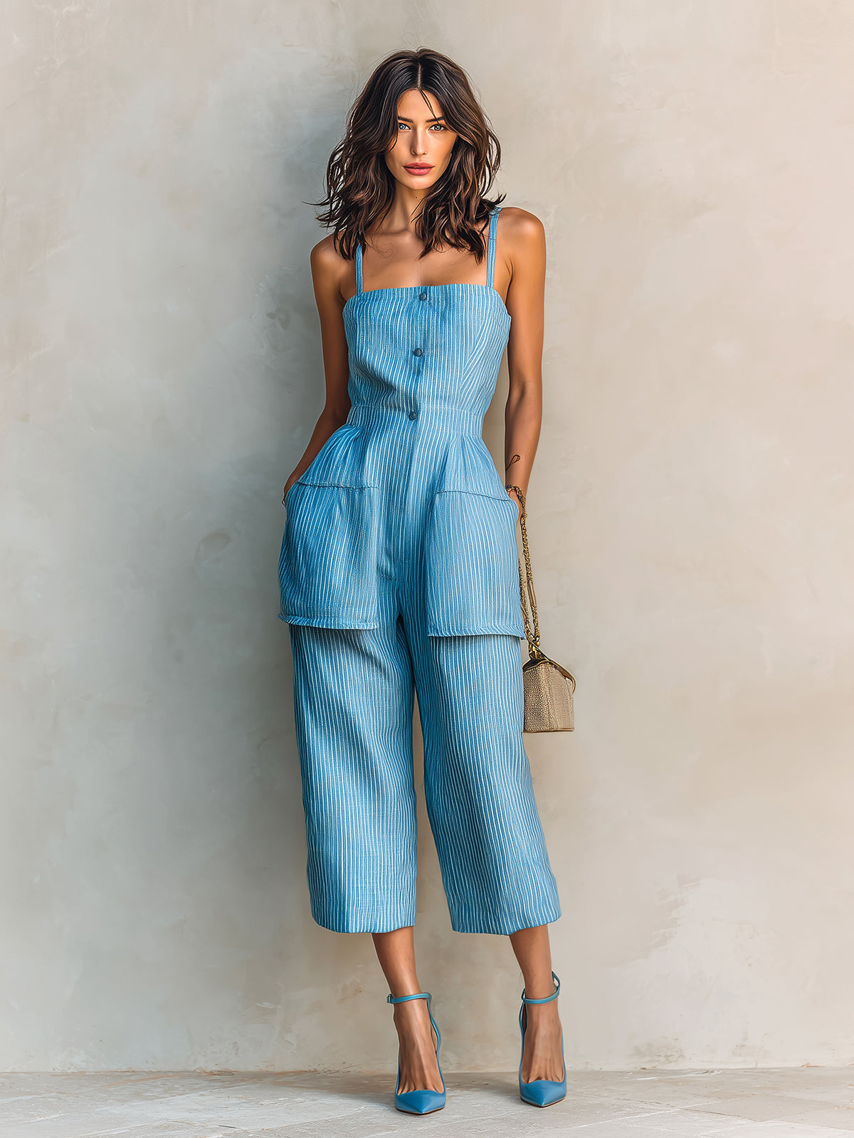 Chic Elegant Blue-White Pinstripe Cotton-Linen Spaghetti-Strap Square-Neck Sleeveless Button-Front Patch Pockets Cropped Jumpsuit