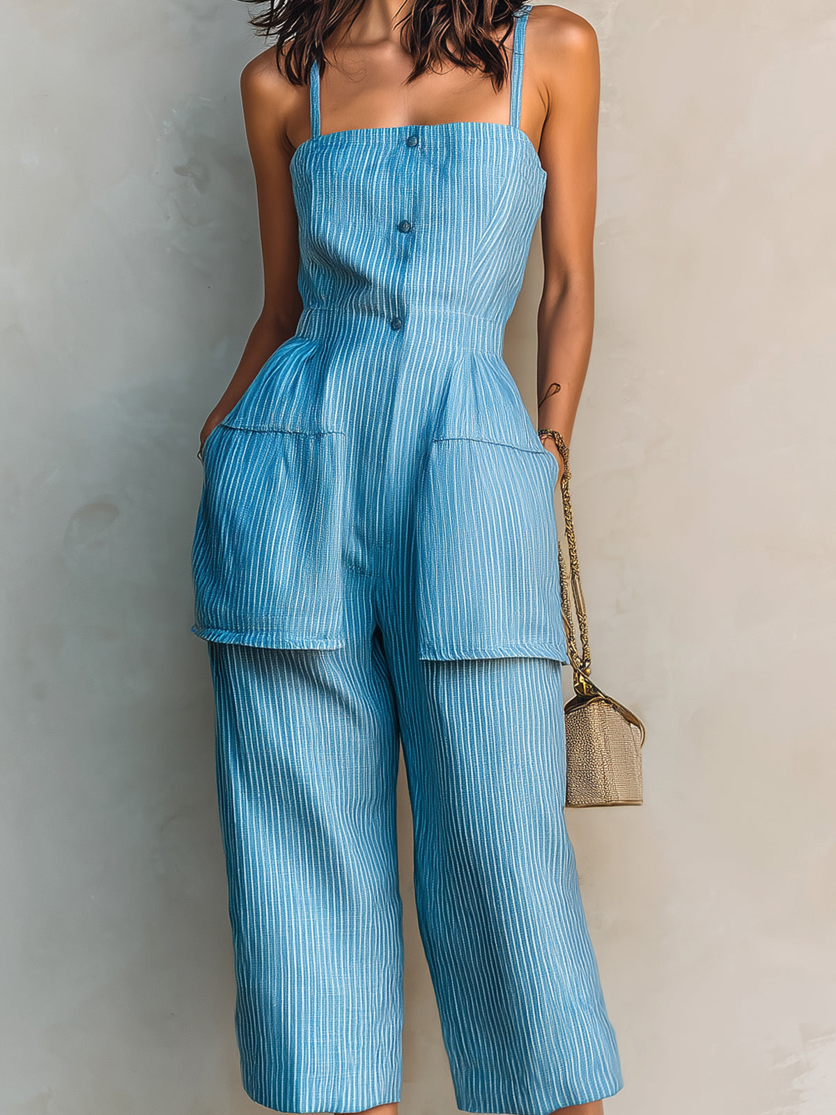 Chic Elegant Blue-White Pinstripe Cotton-Linen Spaghetti-Strap Square-Neck Sleeveless Button-Front Patch Pockets Cropped Jumpsuit