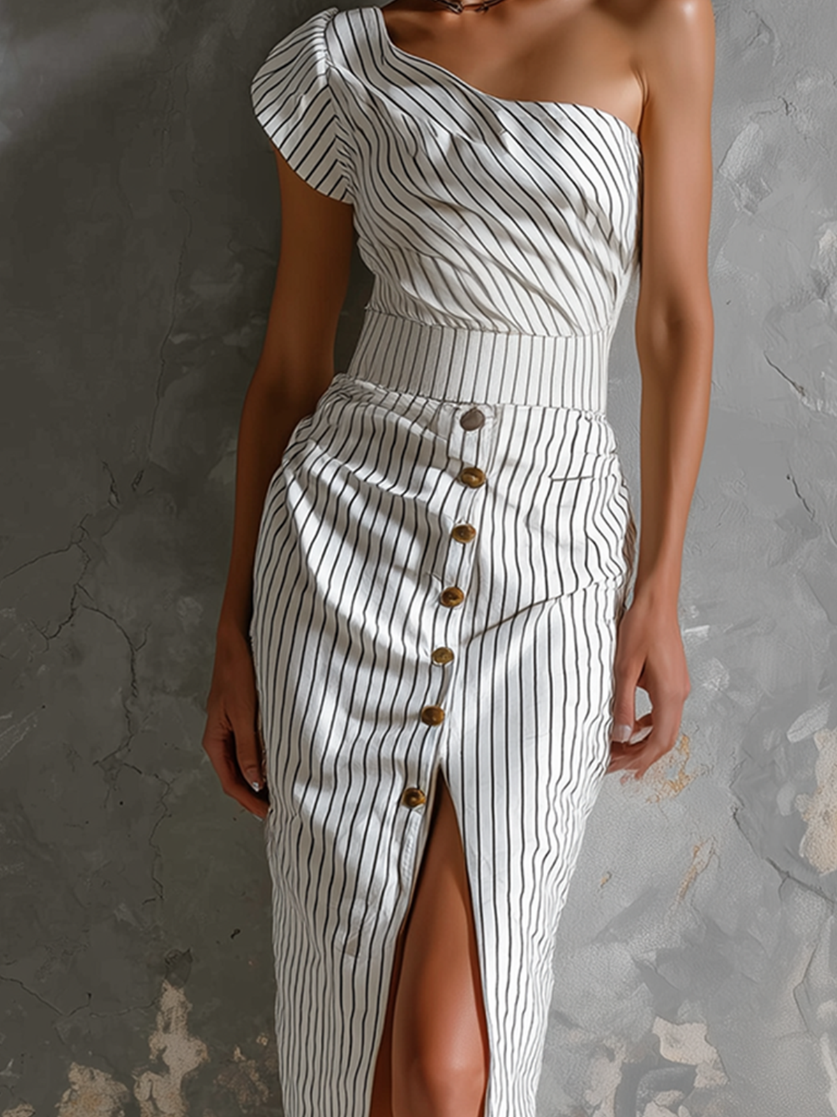 Chic Elegant White Stripes One-Shoulder Ruffle Sleeve Button-Front Slit Slim-Fit Cotton Blend Midi Dress