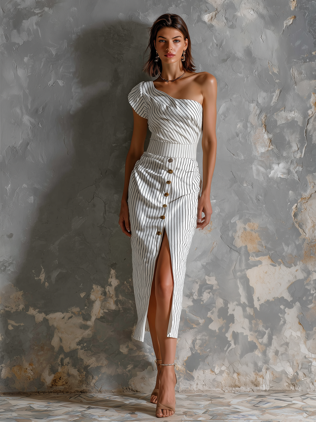 Chic Elegant White Stripes One-Shoulder Ruffle Sleeve Button-Front Slit Slim-Fit Cotton Blend Midi Dress
