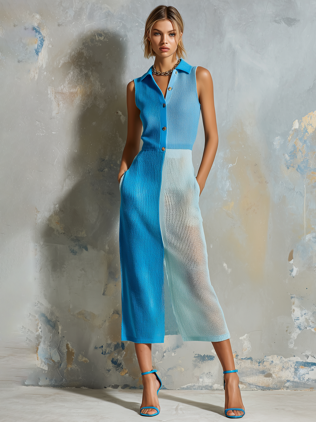 Chic Elegant Blue Colorblock Lapel-Collar Button-Front Slim-Fit Front Slit Mesh Knit Midi Dress