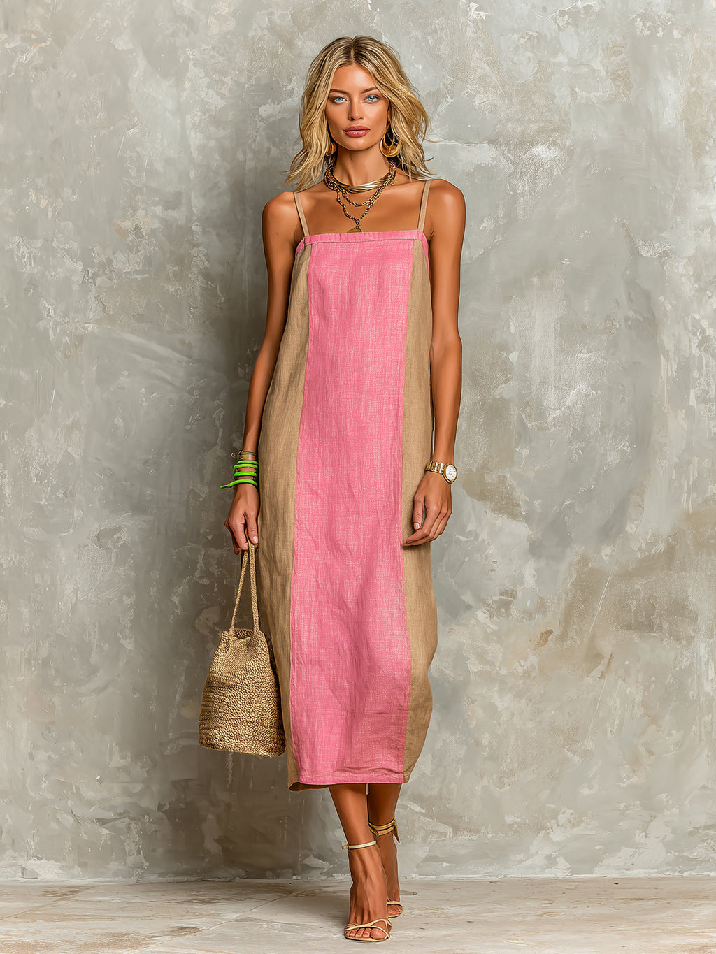 Chic Casual Camel-Pink Colorblock Cotton-Linen Spaghetti-Strap Square-Neck Sleeveless Loose-Fit Midi Dress