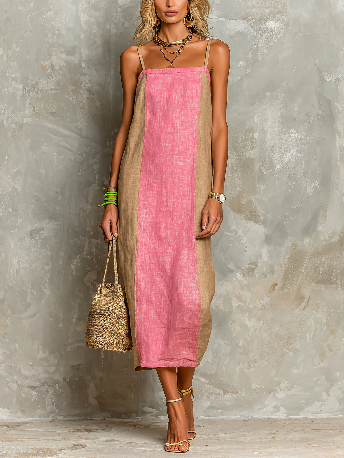 Chic Casual Camel-Pink Colorblock Cotton-Linen Spaghetti-Strap Square-Neck Sleeveless Loose-Fit Midi Dress