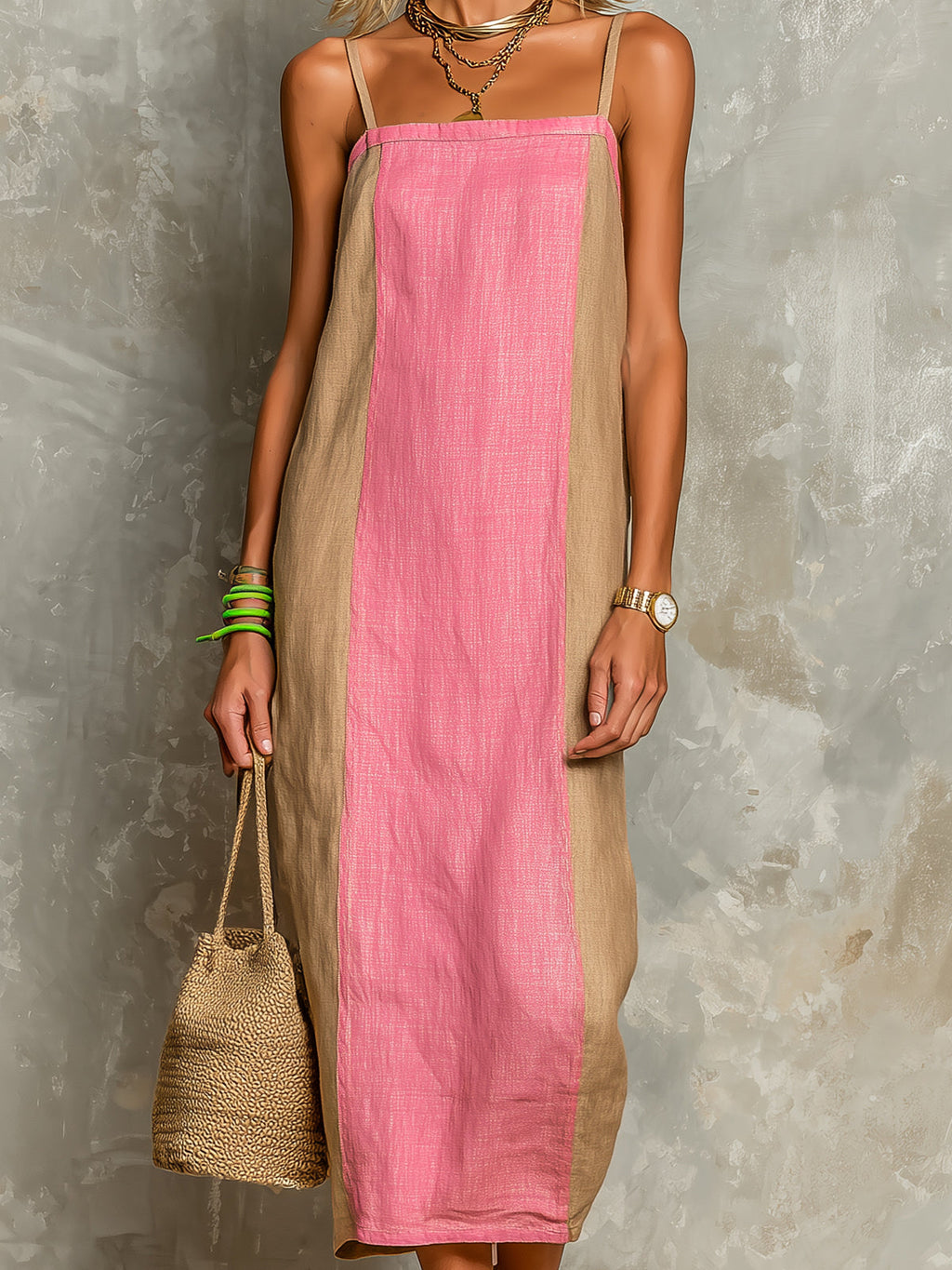 Chic Casual Camel-Pink Colorblock Cotton-Linen Spaghetti-Strap Square-Neck Sleeveless Loose-Fit Midi Dress