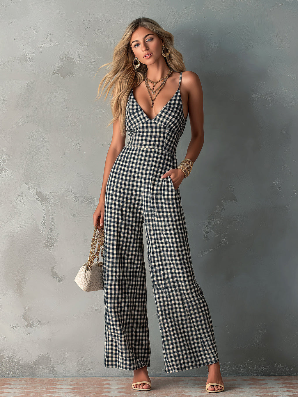 Chic Casual Black-White Plaids Cotton-Linen Spaghetti-Strap V-Neck Sleeveless Tailored-Waist Wide-Leg Jumpsuit