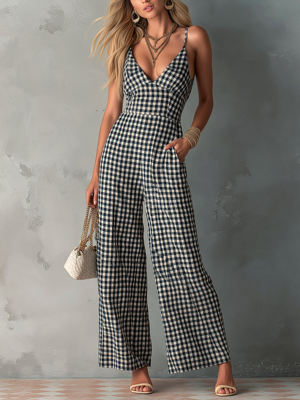 Chic Casual Black-White Plaids Cotton-Linen Spaghetti-Strap V-Neck Sleeveless Tailored-Waist Wide-Leg Jumpsuit