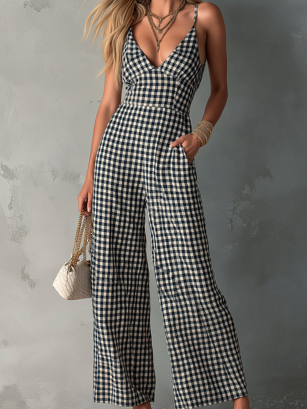 Chic Casual Black-White Plaids Cotton-Linen Spaghetti-Strap V-Neck Sleeveless Tailored-Waist Wide-Leg Jumpsuit