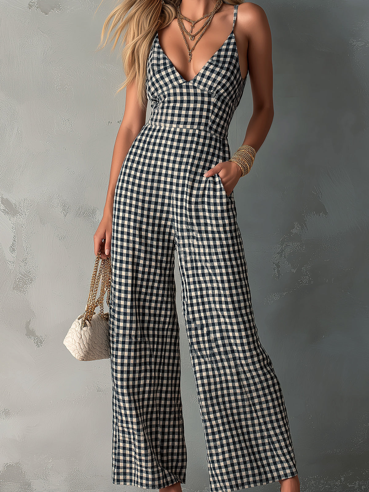 Chic Casual Black-White Plaids Cotton-Linen Spaghetti-Strap V-Neck Sleeveless Tailored-Waist Wide-Leg Jumpsuit