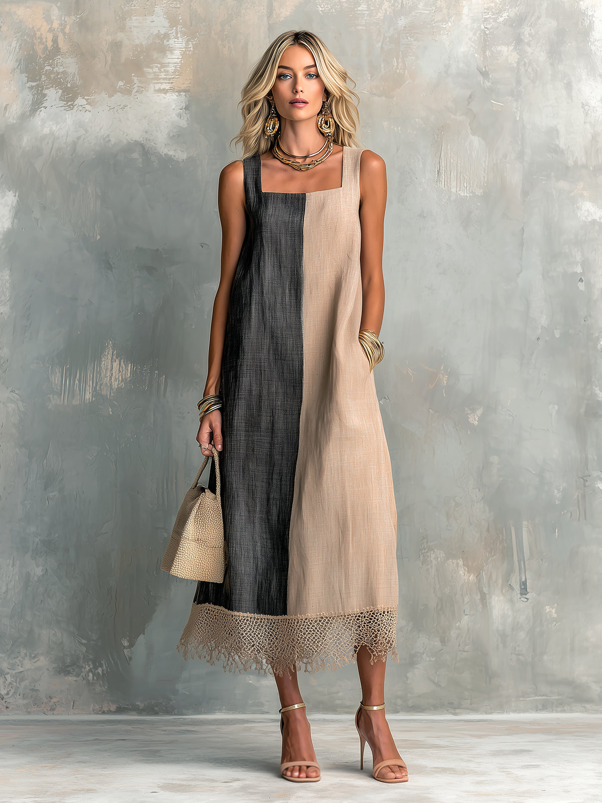 Chic Elegant Camel-Black Colorblock Cotton-Linen Square-Neck Sleeveless Lace Trim Hem A-Line Midi Dress