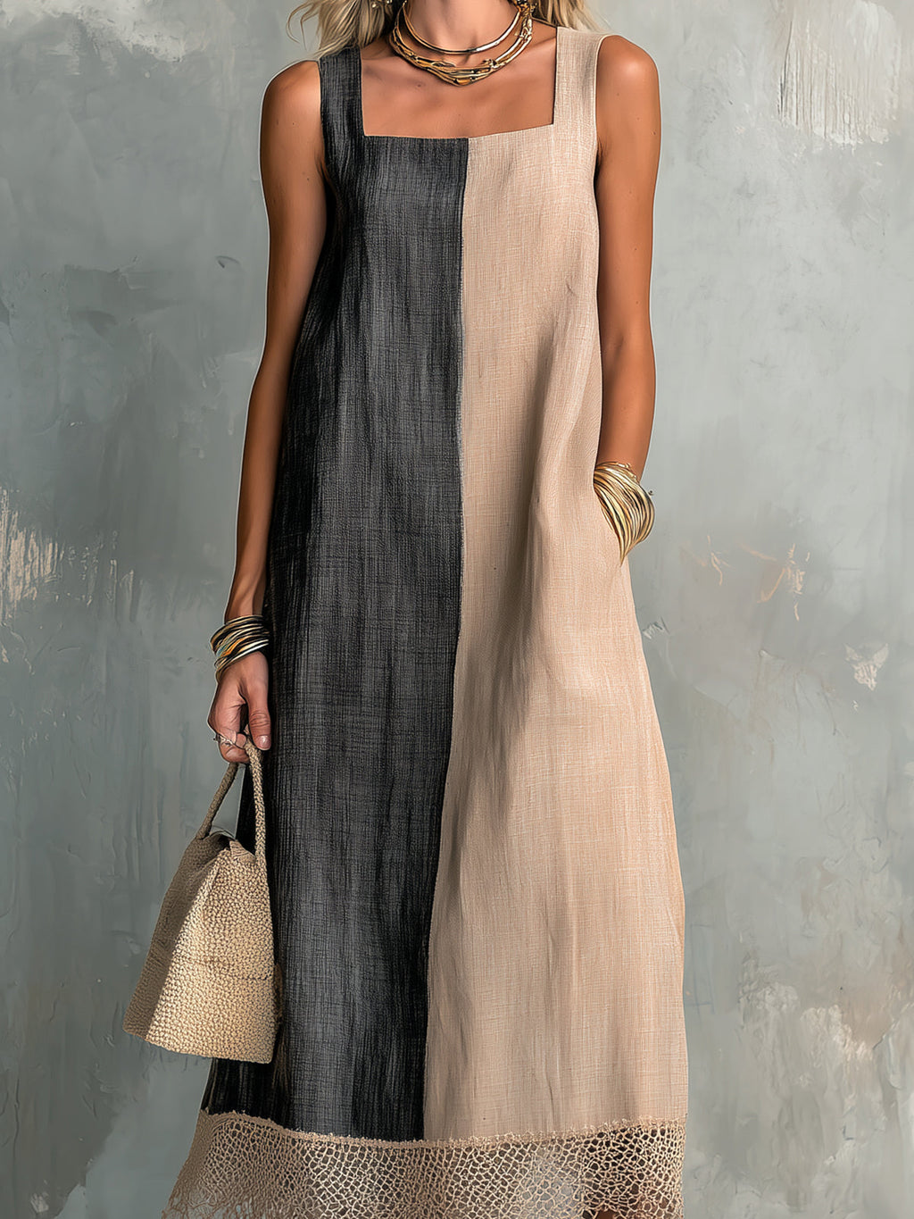 Chic Elegant Camel-Black Colorblock Cotton-Linen Square-Neck Sleeveless Lace Trim Hem A-Line Midi Dress