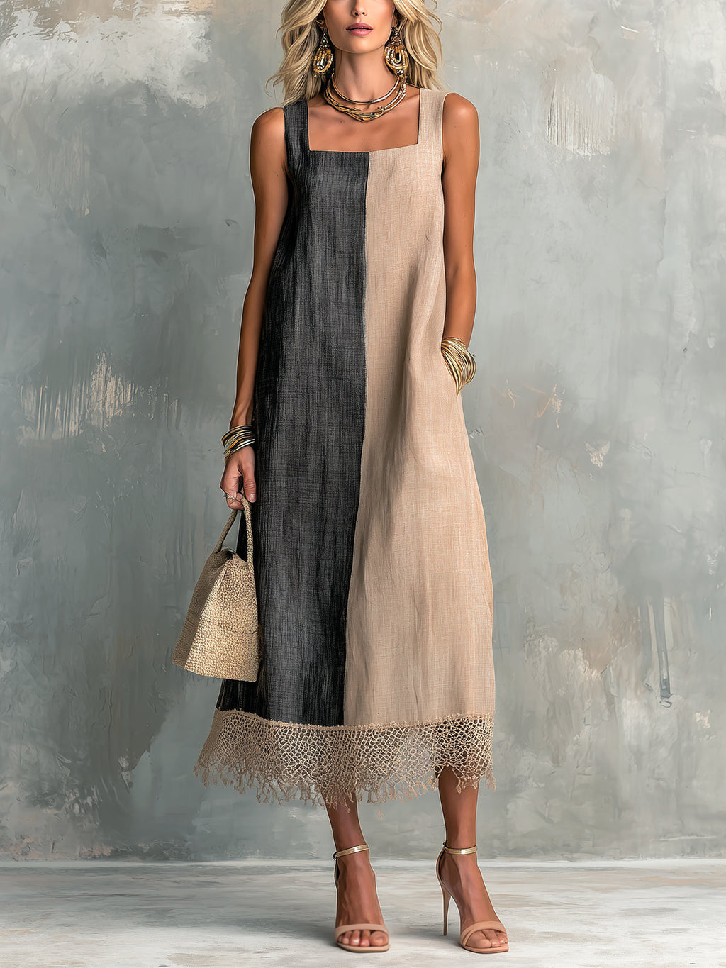 Chic Elegant Camel-Black Colorblock Cotton-Linen Square-Neck Sleeveless Lace Trim Hem A-Line Midi Dress