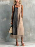 Chic Elegant Camel-Black Colorblock Cotton-Linen Square-Neck Sleeveless Lace Trim Hem A-Line Midi Dress