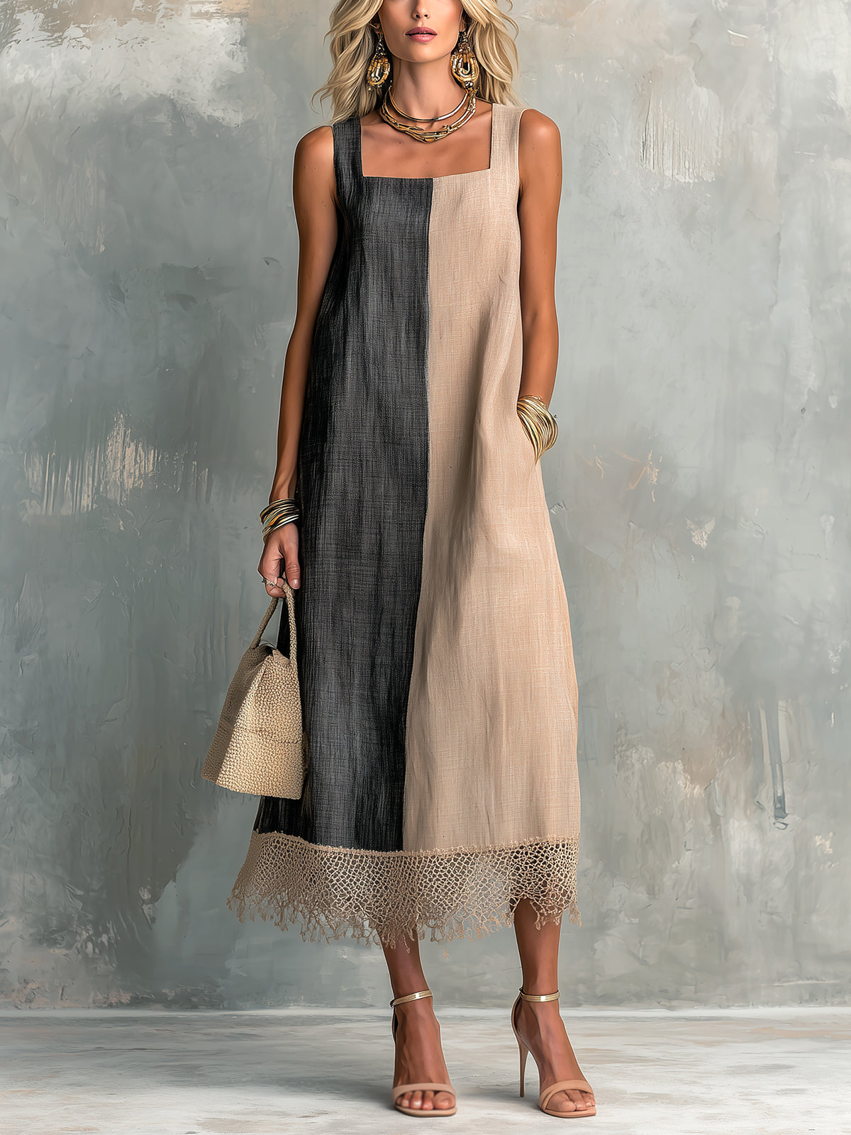 Chic Elegant Camel-Black Colorblock Cotton-Linen Square-Neck Sleeveless Lace Trim Hem A-Line Midi Dress