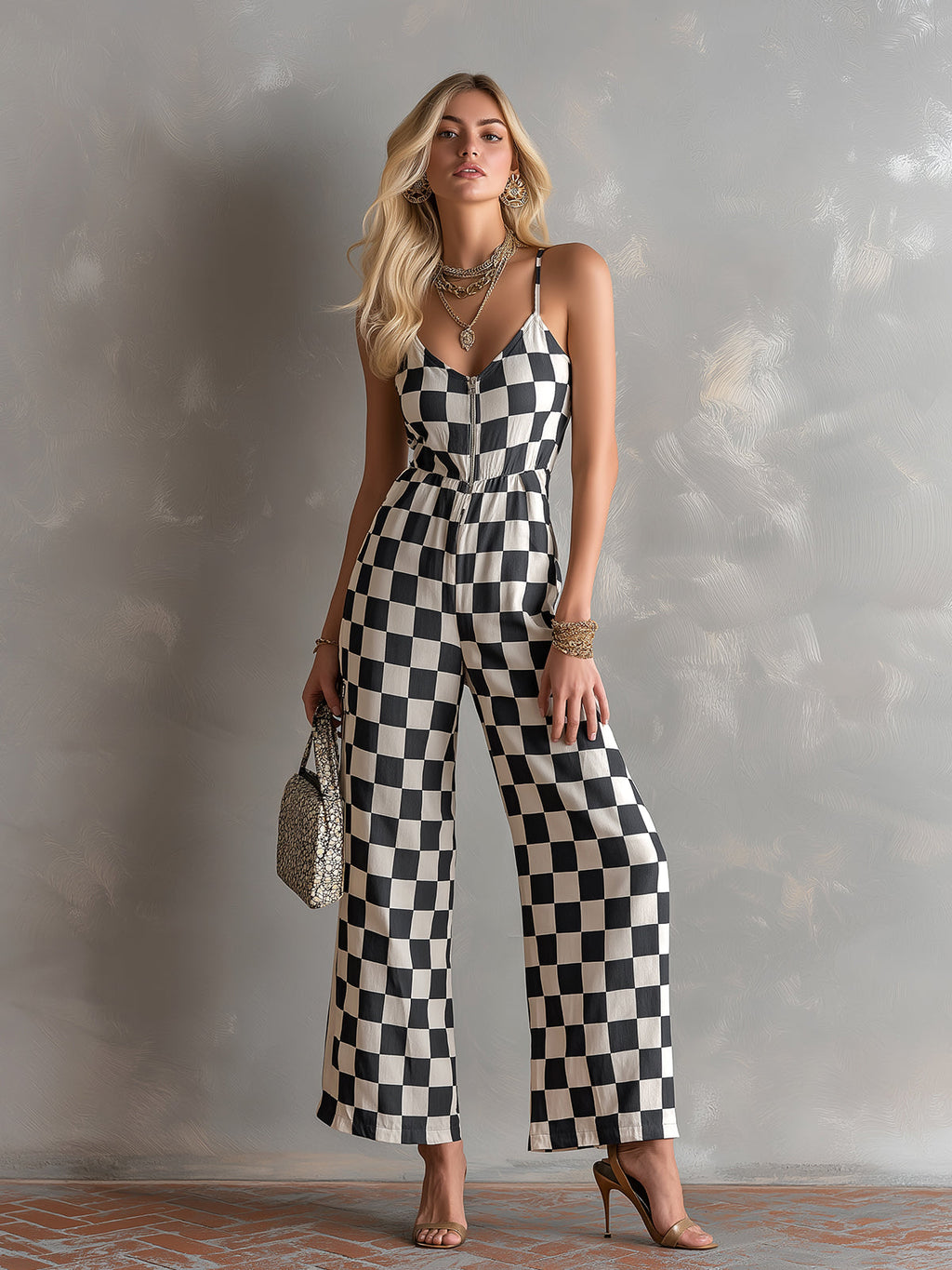 Chic Elegant Black-White Plaids Cotton-Linen Spaghetti-Strap V-Neck Sleeveless Zipper-Front Tailore-Waist Wide-Leg Jumpsuit