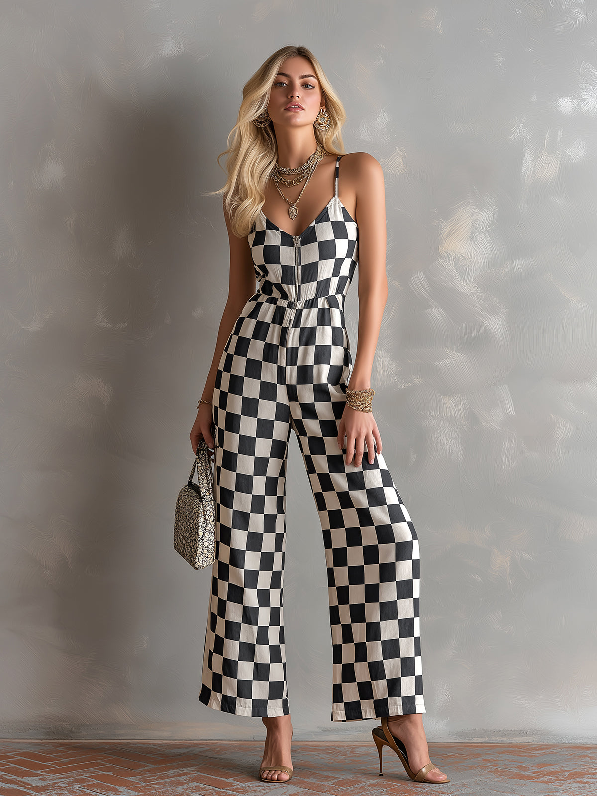 Chic Elegant Black-White Plaids Cotton-Linen Spaghetti-Strap V-Neck Sleeveless Zipper-Front Tailore-Waist Wide-Leg Jumpsuit