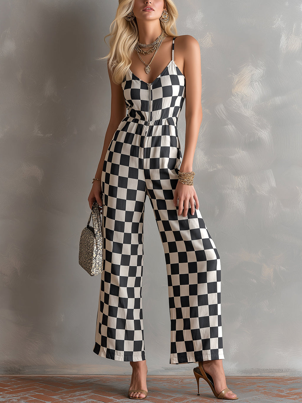 Chic Elegant Black-White Plaids Cotton-Linen Spaghetti-Strap V-Neck Sleeveless Zipper-Front Tailore-Waist Wide-Leg Jumpsuit