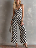 Chic Elegant Black-White Plaids Cotton-Linen Spaghetti-Strap V-Neck Sleeveless Zipper-Front Tailore-Waist Wide-Leg Jumpsuit