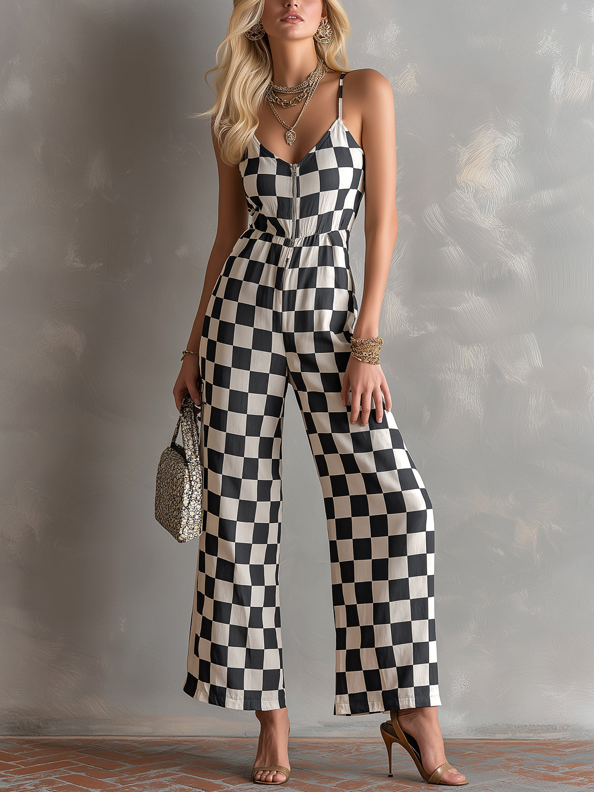 Chic Elegant Black-White Plaids Cotton-Linen Spaghetti-Strap V-Neck Sleeveless Zipper-Front Tailore-Waist Wide-Leg Jumpsuit