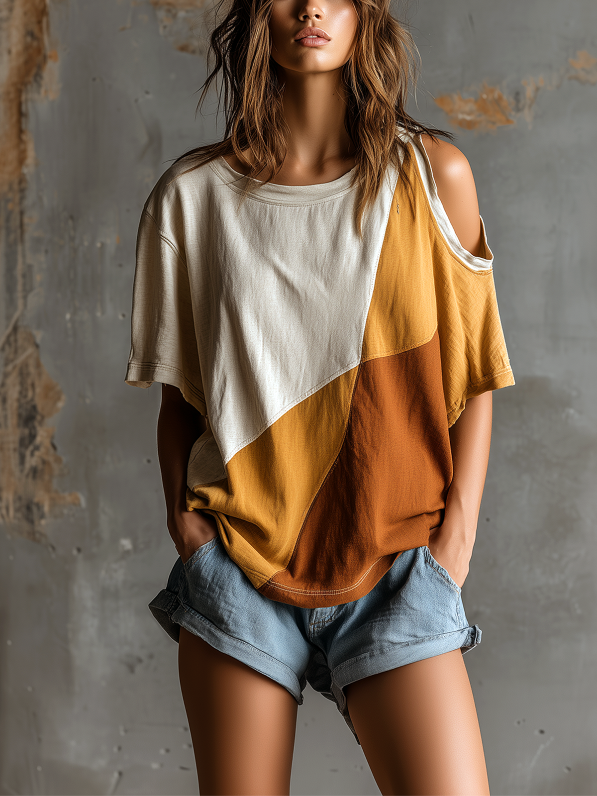 Chic Casual White-Camel Colorblock Round-Neck Cutout Shoulder Short-Sleeve Oversize Cotton Blend T-Shirt Top