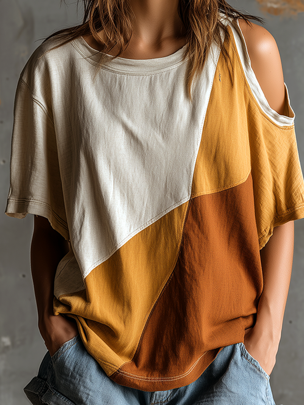 Chic Casual White-Camel Colorblock Round-Neck Cutout Shoulder Short-Sleeve Oversize Cotton Blend T-Shirt Top