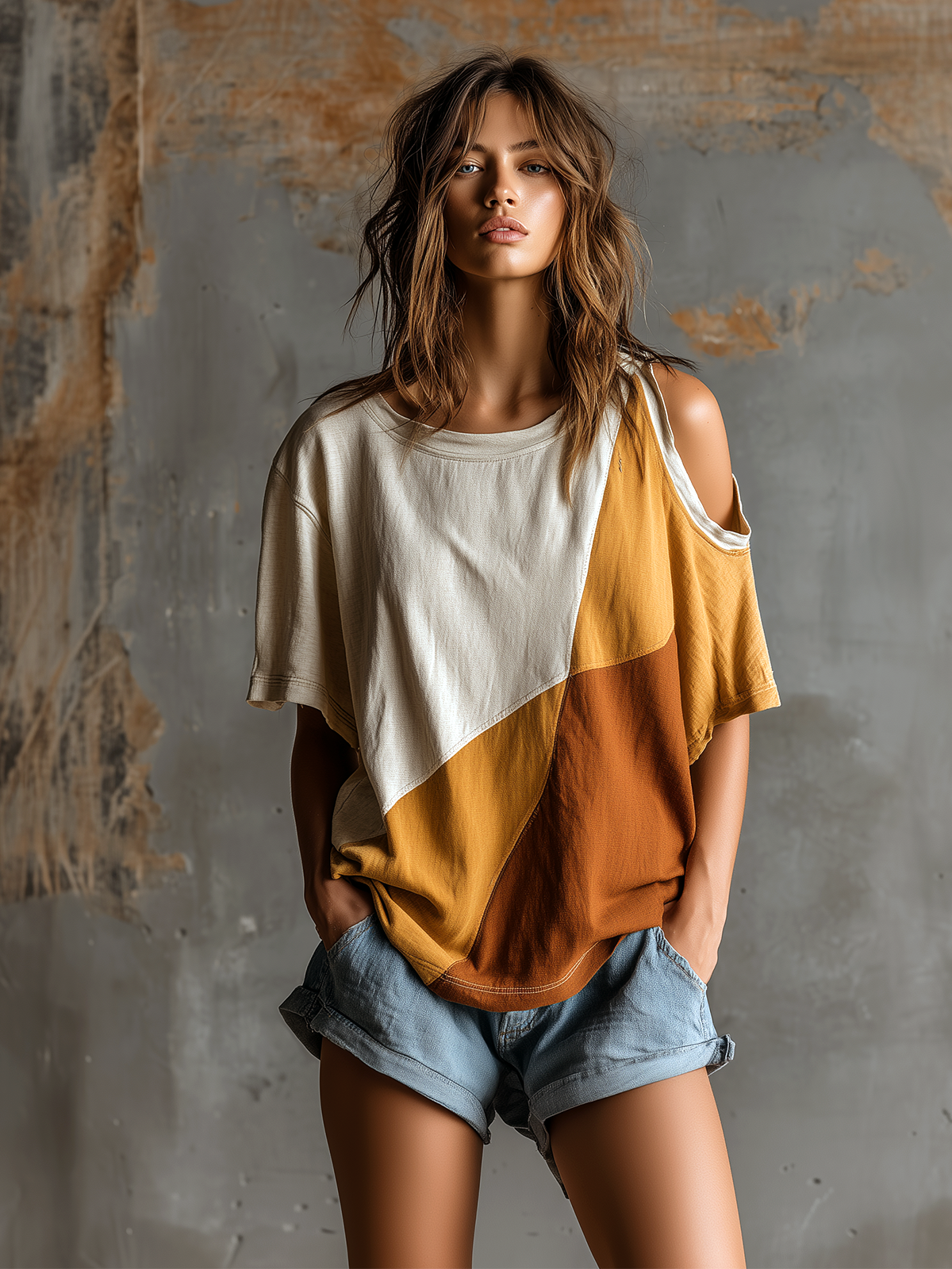 Chic Casual White-Camel Colorblock Round-Neck Cutout Shoulder Short-Sleeve Oversize Cotton Blend T-Shirt Top