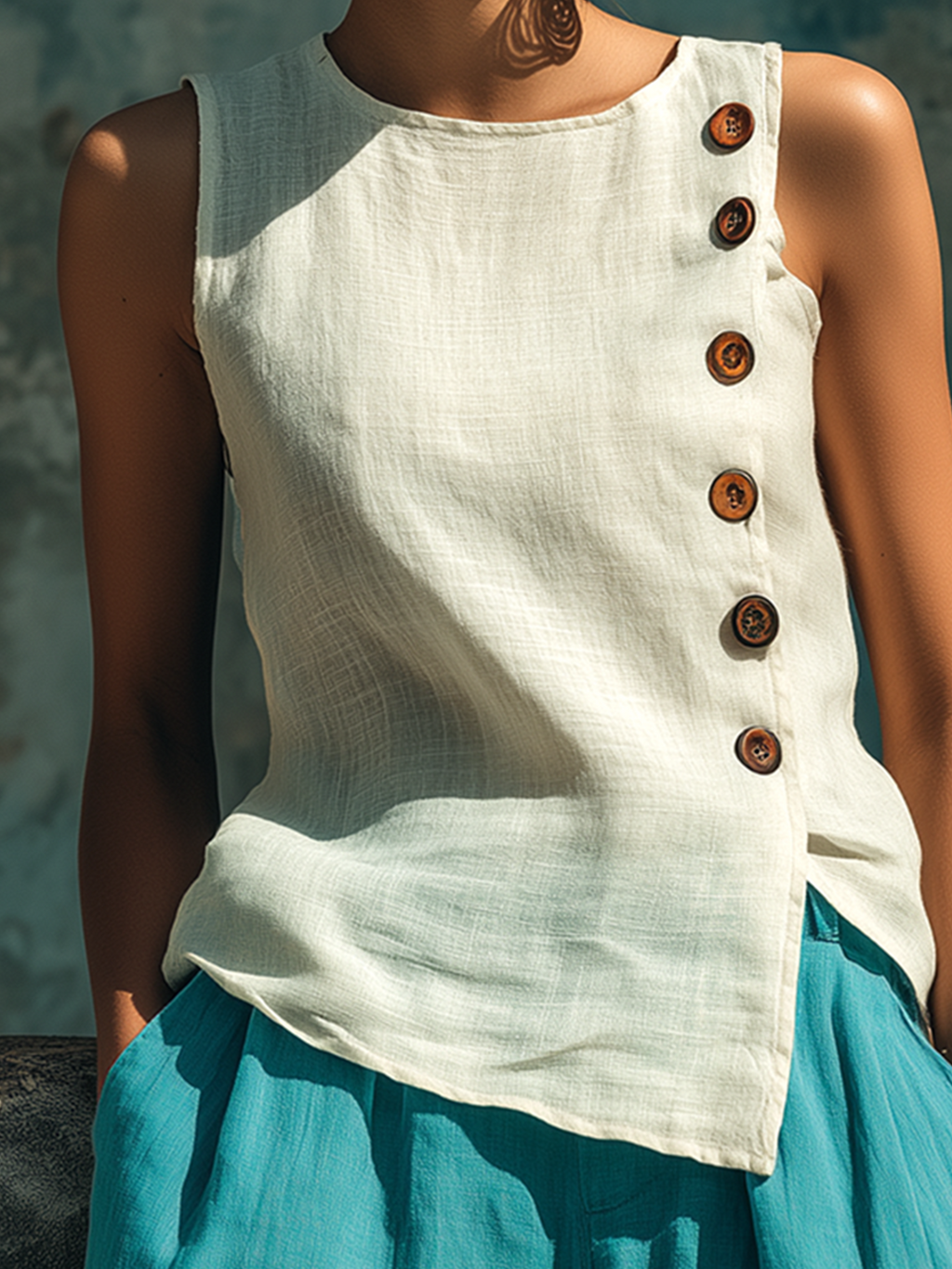 Chic Casual White Round-Neck Sleeveless Button-Front Loose-Fit Cotton-Linen Blend Vest Top
