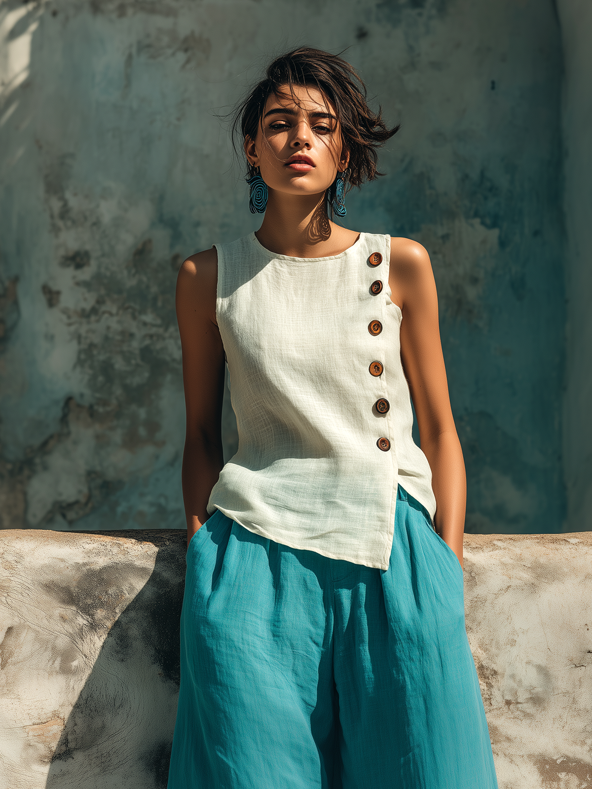 Chic Casual White Round-Neck Sleeveless Button-Front Loose-Fit Cotton-Linen Blend Vest Top