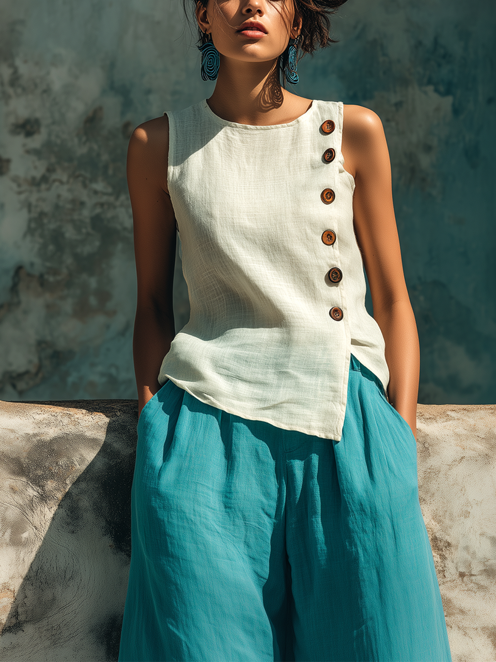 Chic Casual White Round-Neck Sleeveless Button-Front Loose-Fit Cotton-Linen Blend Vest Top