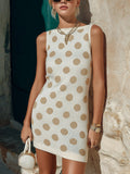 Chic Elegant Beige-Camel Polka Dots Jacquard Boat-Neck Sleeveless Slim-Fit Ribbed Knit Mini Dress
