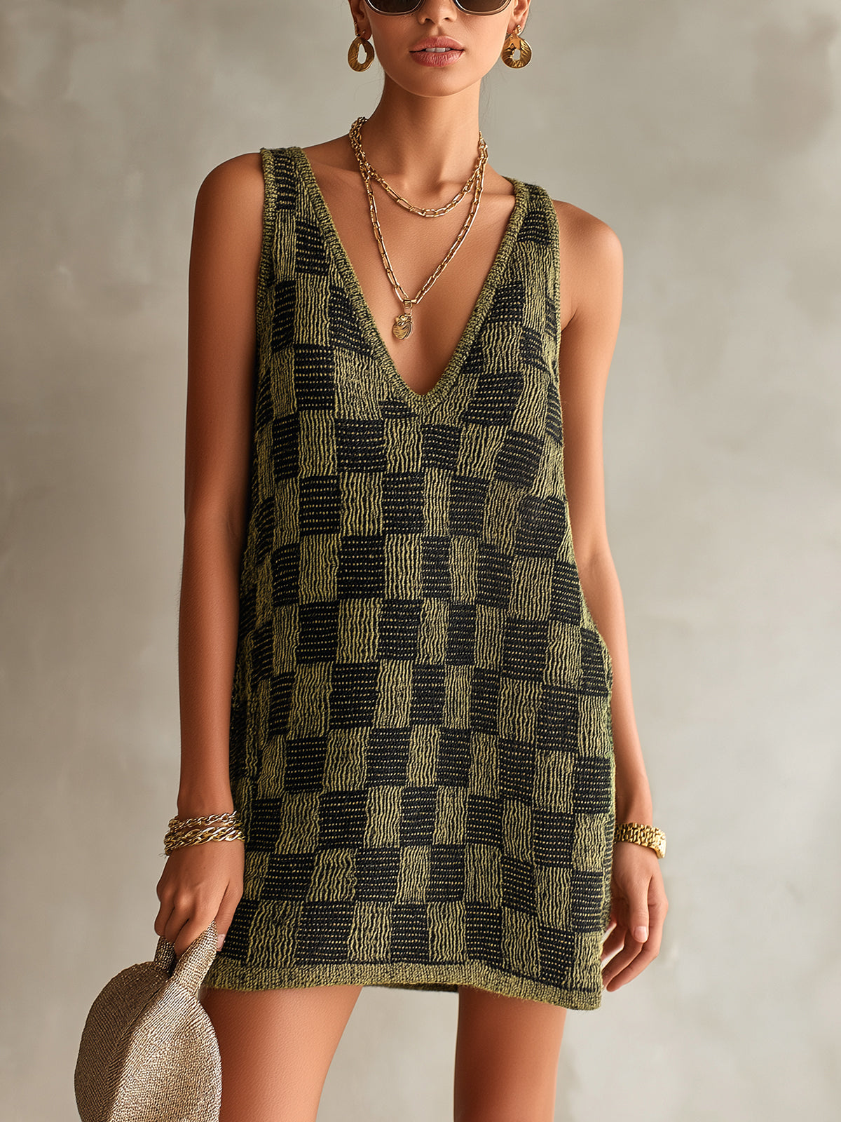 Chic Elegant Green-Black Checkboard Deep V-Neck Sleeveless Loose-Fit A-Line Knit Mini Dress