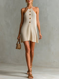 Chic Elegant Beige Halter-Neck Sleeveless Button-Front Loose-Fit A-Line Ribed Knit Mini Dress